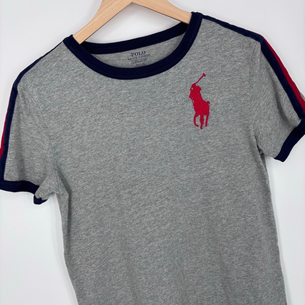 Polo Ralph Lauren Big Pony Ringer T-Shirt Kids Size L 14-16 Gray Navy Red Stripe